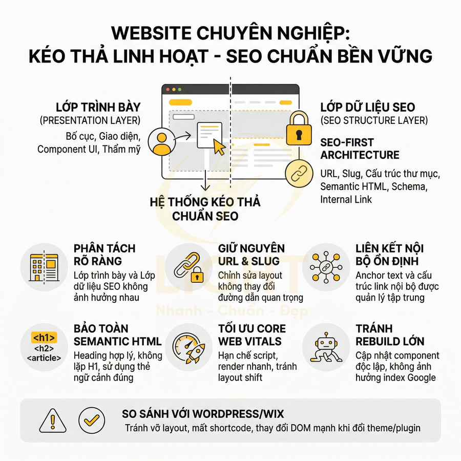 Infographic hệ thống kéo thả xây dựng website chuyên nghiệp tối ưu SEO chuẩn bền vững