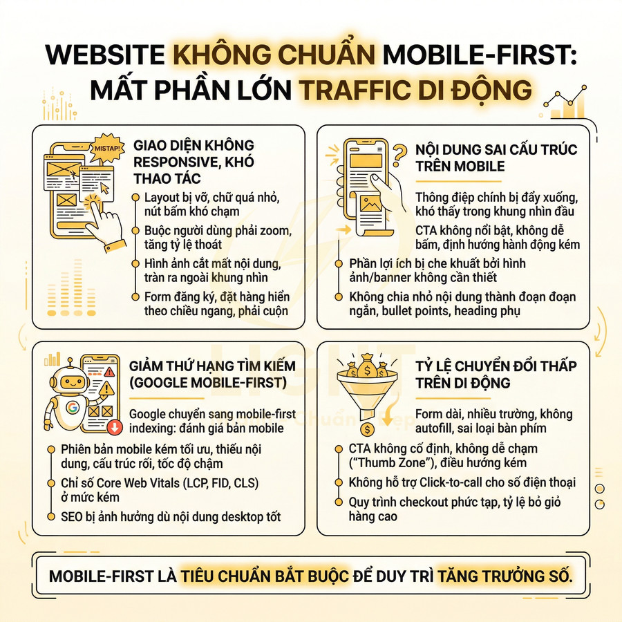 Infographic giải thích tác hại của website không chuẩn mobile first với giao diện, SEO và tỷ lệ chuyển đổi di động