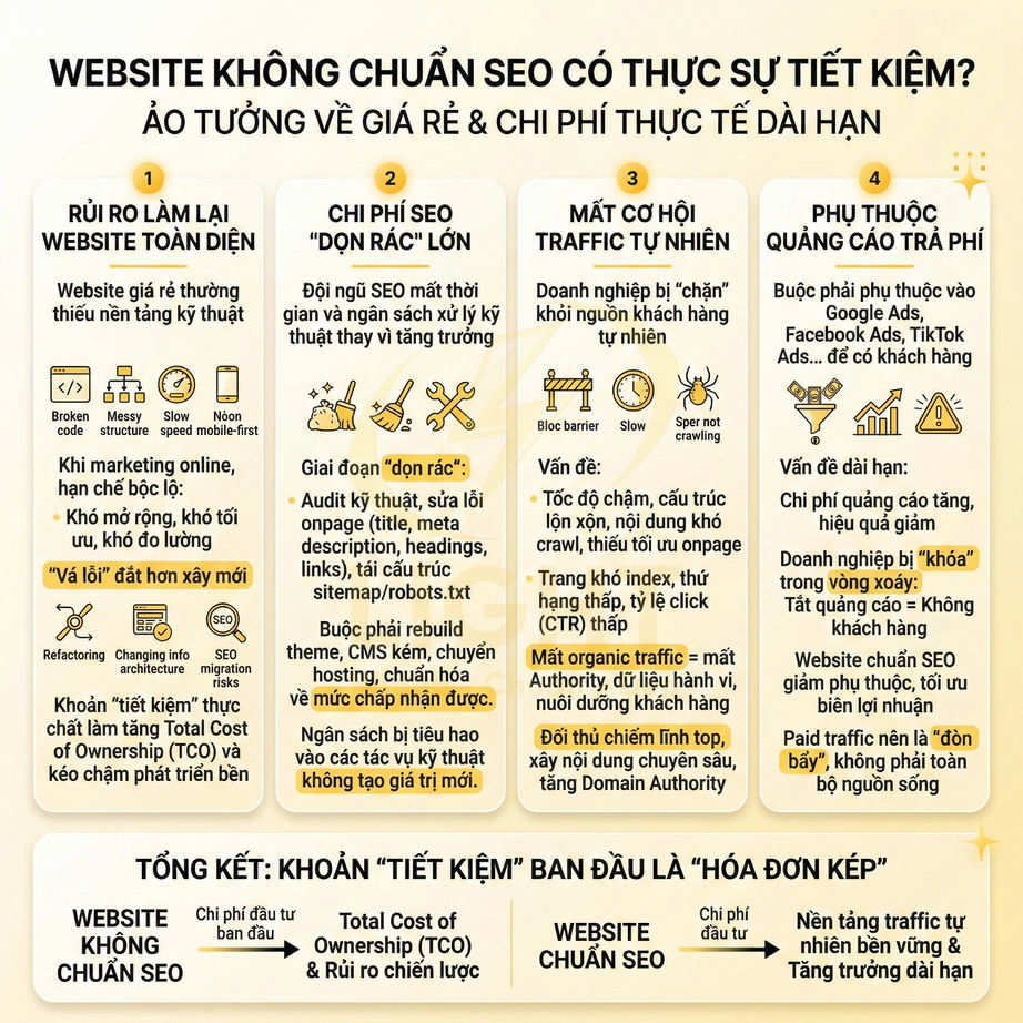 Infographic so sánh website không chuẩn SEO và website chuẩn SEO về chi phí, rủi ro và hiệu quả dài hạn