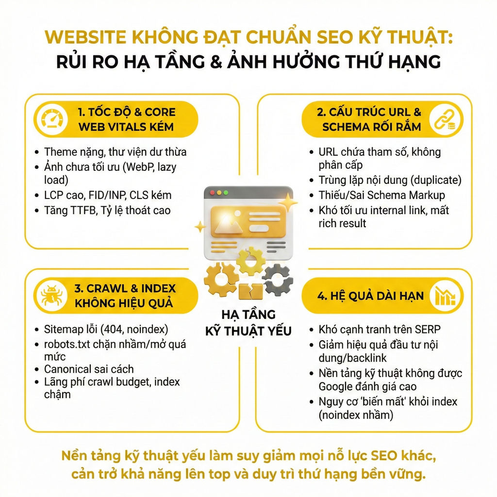 Infographic các rủi ro khi website không đạt chuẩn SEO kỹ thuật và ảnh hưởng thứ hạng tìm kiếm