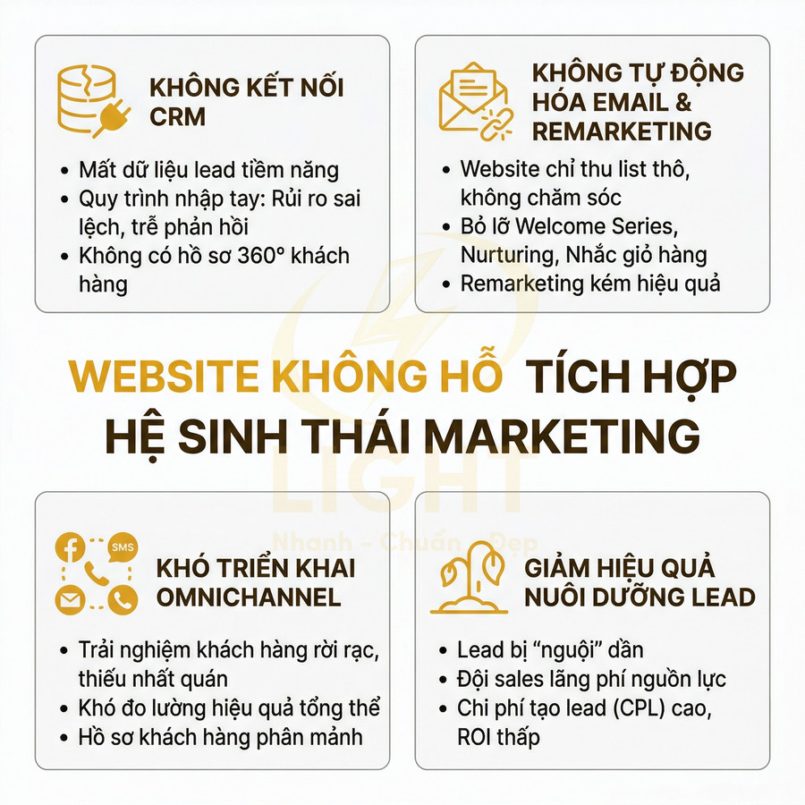 Infographic nêu hậu quả khi website không tích hợp hệ sinh thái marketing CRM email remarketing omnichannel nuôi dưỡng lead