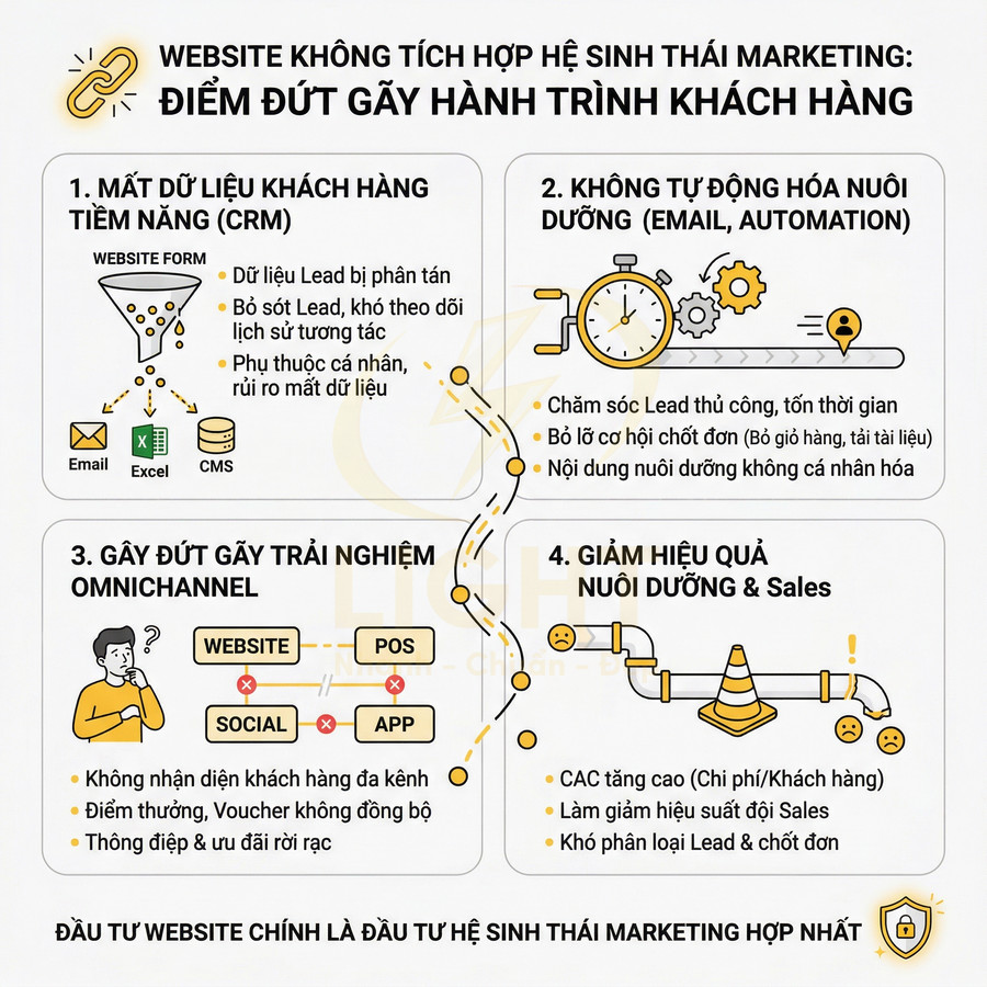 Infographic về rủi ro khi website không tích hợp hệ sinh thái marketing và ảnh hưởng đến hành trình khách hàng