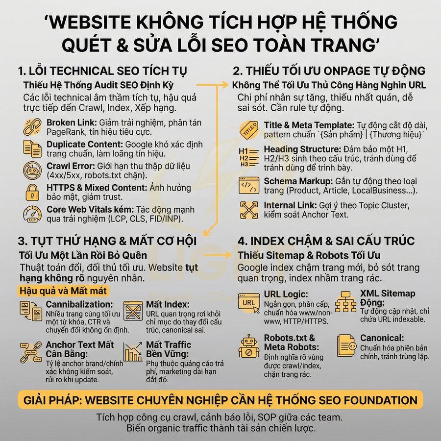 Infographic cảnh báo hậu quả website không tích hợp hệ thống quét và sửa lỗi SEO toàn trang và giới thiệu giải pháp SEO Foundation