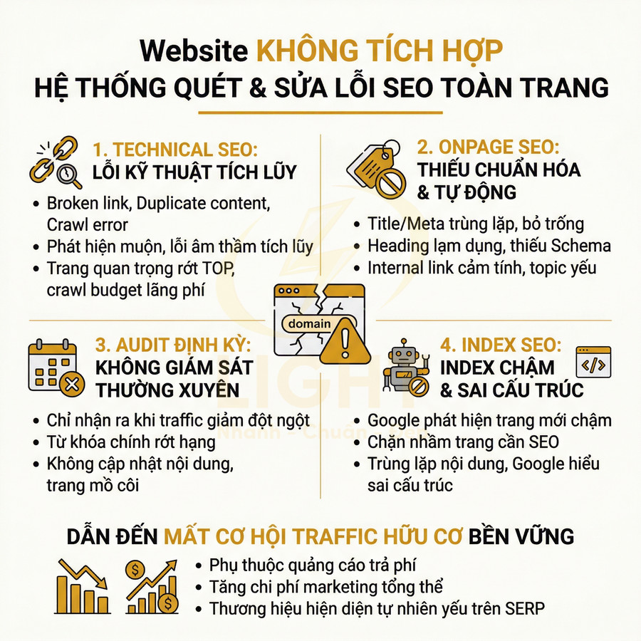 Infographic liệt kê hậu quả khi website không tích hợp hệ thống quét và sửa lỗi SEO toàn trang