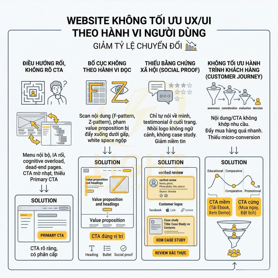Infographic tối ưu UX UI website theo hành vi người dùng với lỗi thường gặp và giải pháp cải thiện CTA, bố cục, social proof