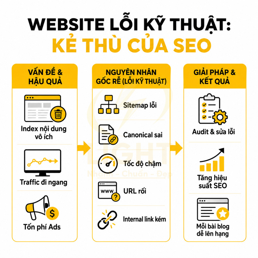 Infographic lỗi kỹ thuật website ảnh hưởng SEO và giải pháp audit sửa lỗi để tăng hiệu suất tìm kiếm