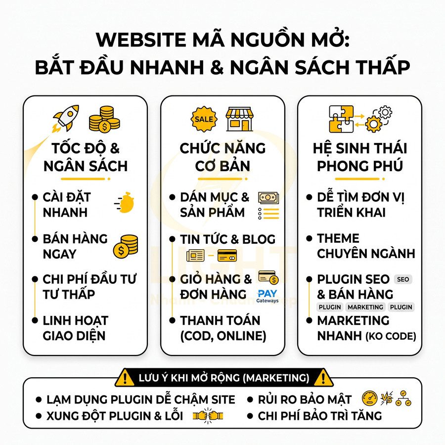 Infographic giới thiệu ưu điểm website mã nguồn mở: tốc độ, chi phí thấp, chức năng cơ bản và hệ sinh thái plugin phong phú