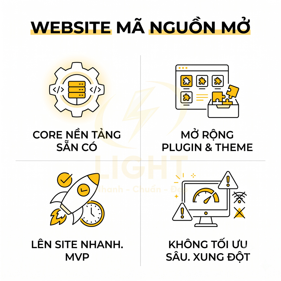 Ưu nhược điểm website mã nguồn mở với core nền tảng sẵn, mở rộng plugin theme, lên site nhanh nhưng khó tối ưu sâu