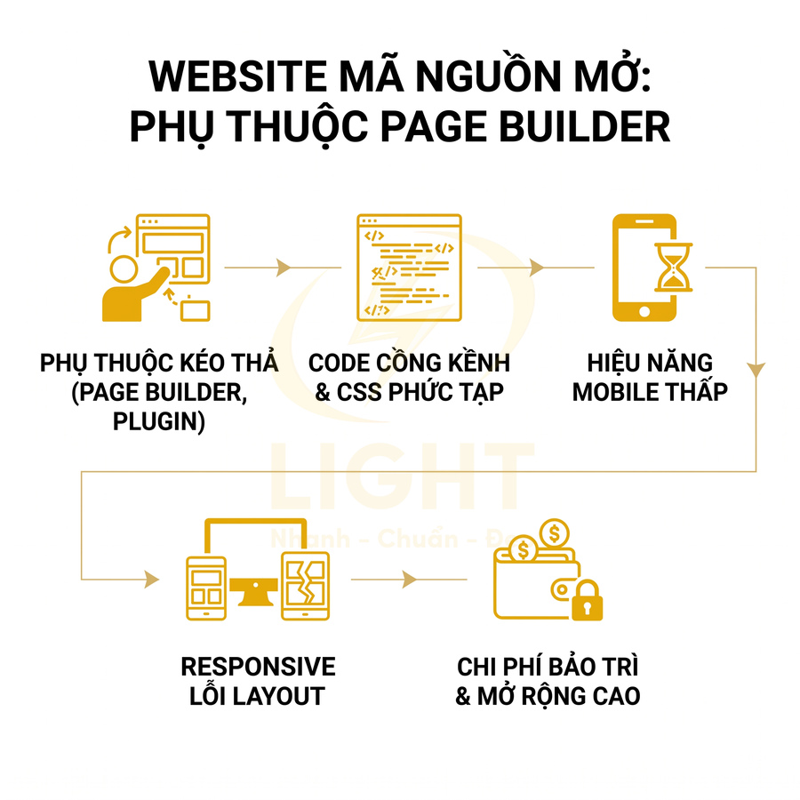 Mô tả nhược điểm website mã nguồn mở phụ thuộc page builder như code phức tạp, hiệu năng thấp, lỗi responsive, chi phí cao