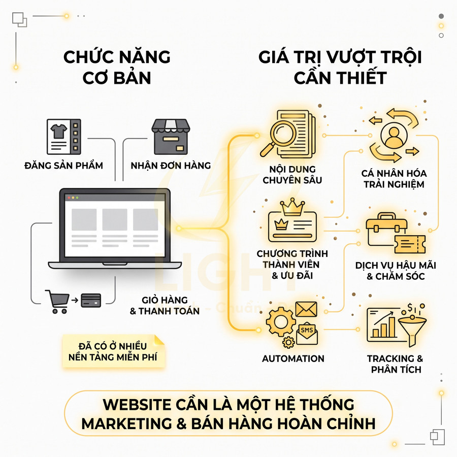 Mô tả hệ thống website marketing và bán hàng với các chức năng cơ bản và giá trị vượt trội cần thiết