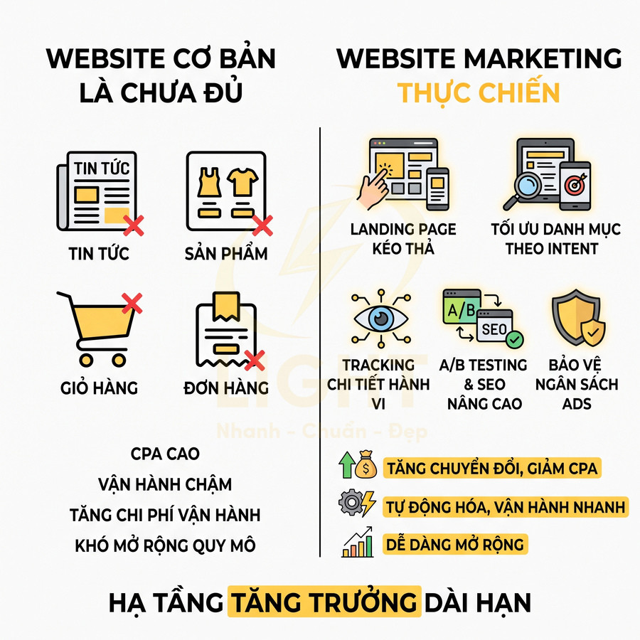 So sánh website cơ bản và website marketing thực chiến với các tính năng tối ưu chuyển đổi và tăng trưởng dài hạn