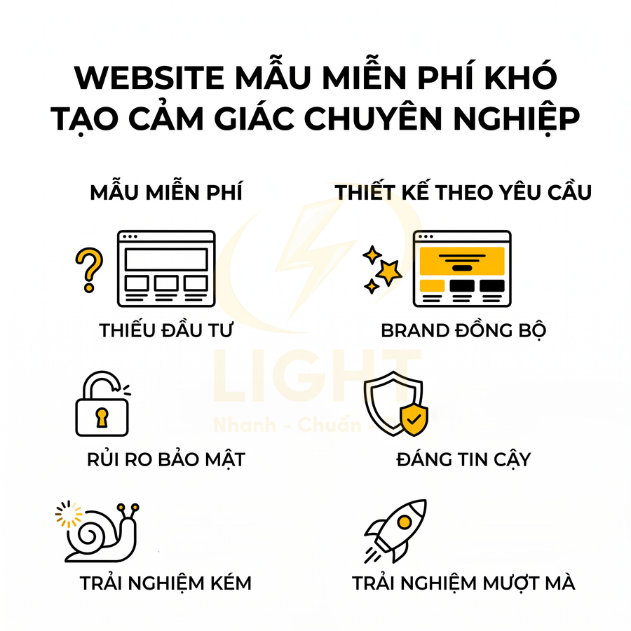 So sánh website mẫu miễn phí và thiết kế theo yêu cầu về đầu tư, bảo mật, trải nghiệm và độ tin cậy
