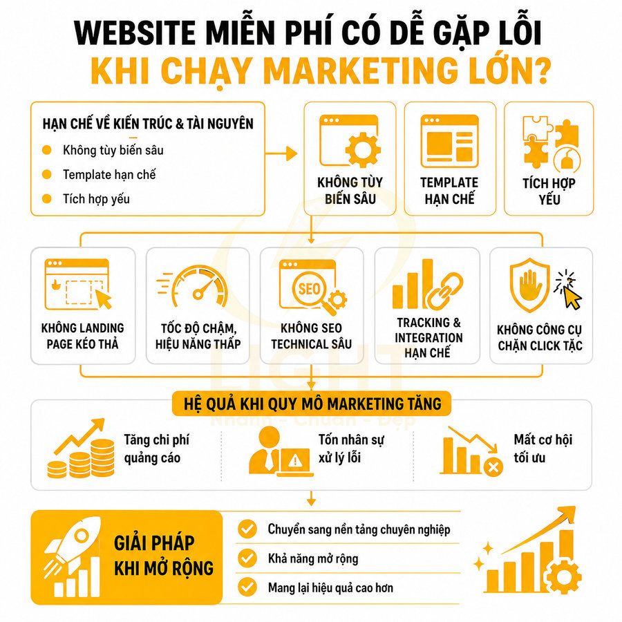 Infographic về hạn chế của website miễn phí khi chạy marketing lớn và giải pháp chuyển sang nền tảng chuyên nghiệp