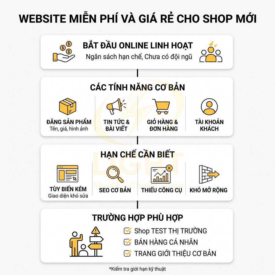 Infographic giới thiệu ưu nhược điểm website miễn phí giá rẻ cho shop mới và các trường hợp sử dụng phù hợp