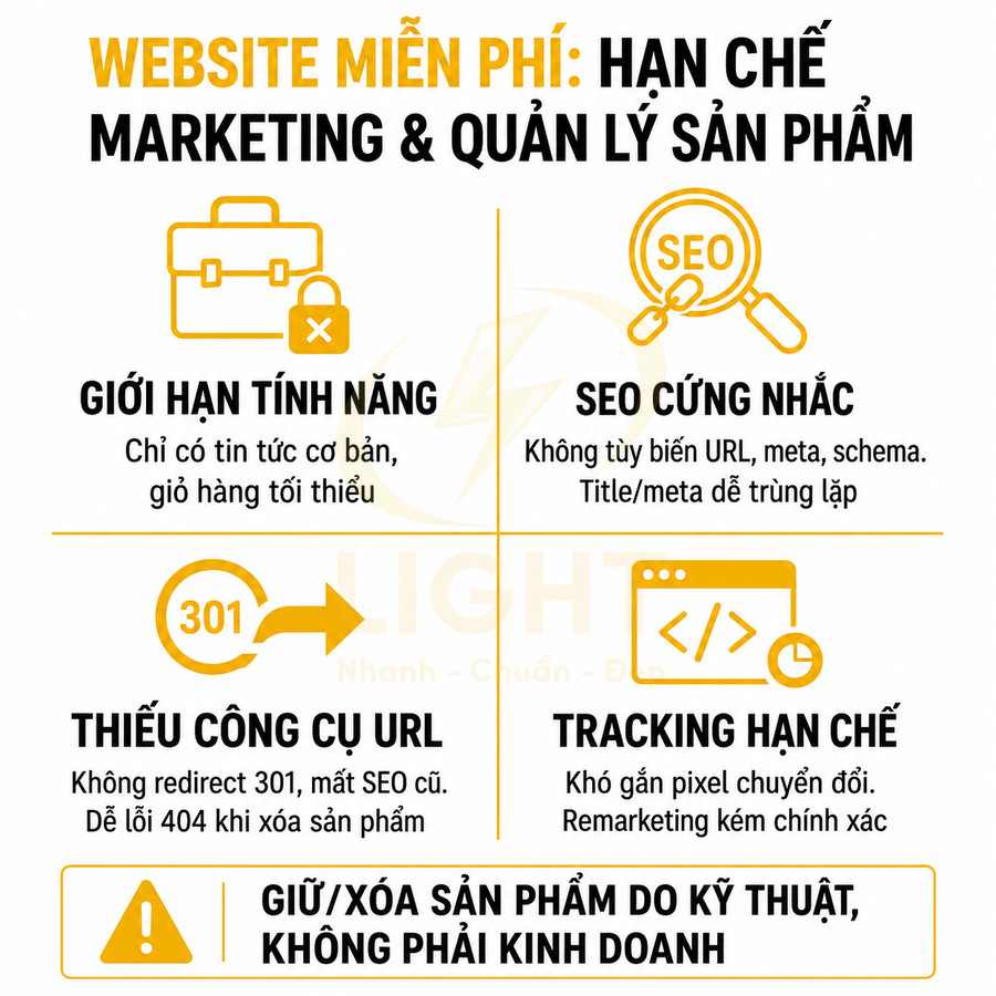 Infographic nêu hạn chế marketing và quản lý sản phẩm khi dùng website miễn phí so với website trả phí