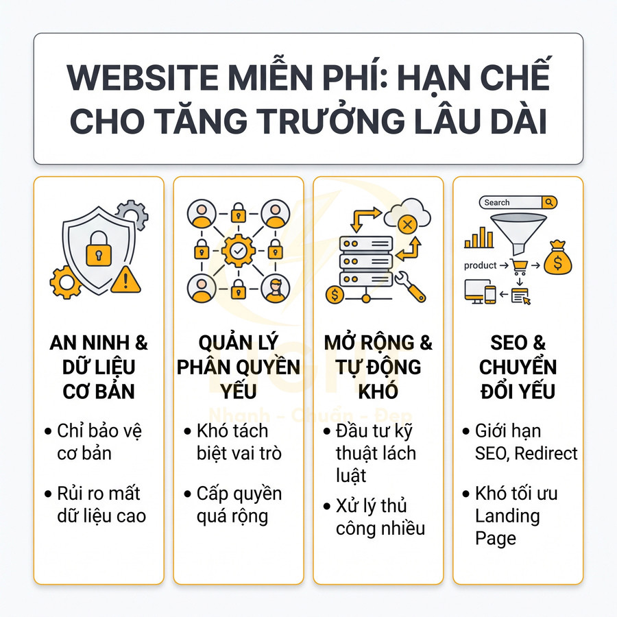 Infographic nêu hạn chế của website miễn phí về bảo mật, phân quyền, mở rộng, tự động hóa, SEO và chuyển đổi