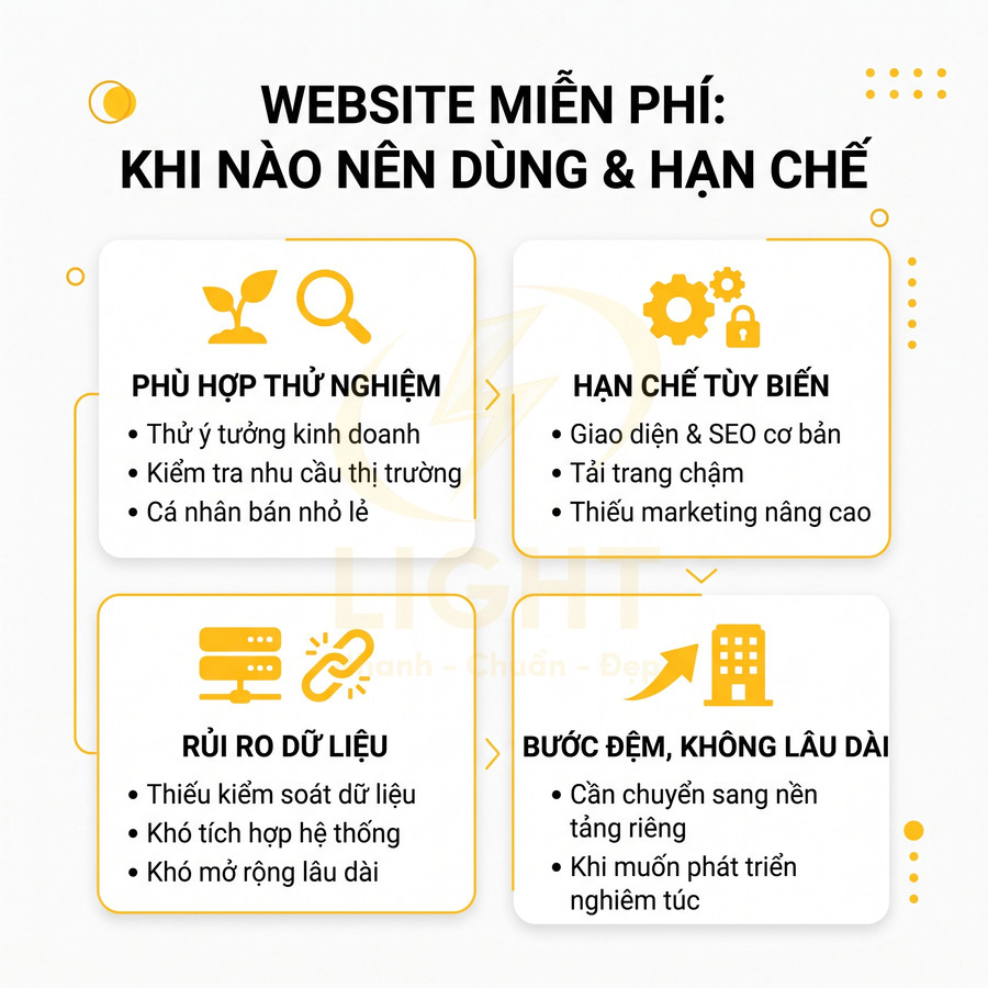 Infographic phân tích ưu nhược điểm website miễn phí, phù hợp thử nghiệm nhưng hạn chế tùy biến và rủi ro dữ liệu