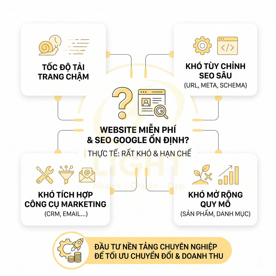 Nhược điểm website miễn phí: tốc độ tải chậm, khó tùy chỉnh SEO, khó tích hợp marketing, khó mở rộng, nên đầu tư nền tảng chuyên nghiệp