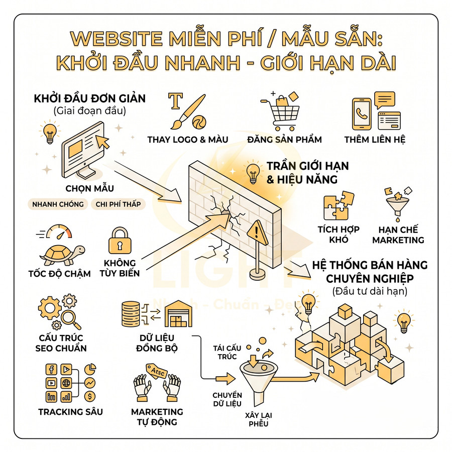 Infographic so sánh website miễn phí mẫu sẵn với hệ thống bán hàng chuyên nghiệp, nêu ưu nhược điểm và giải pháp marketing