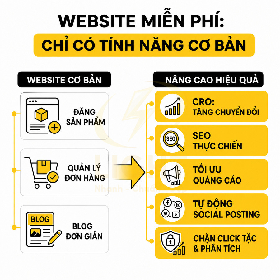 So sánh website miễn phí chỉ có tính năng cơ bản với gói nâng cao CRO, SEO, tối ưu quảng cáo, social và chống click tặc