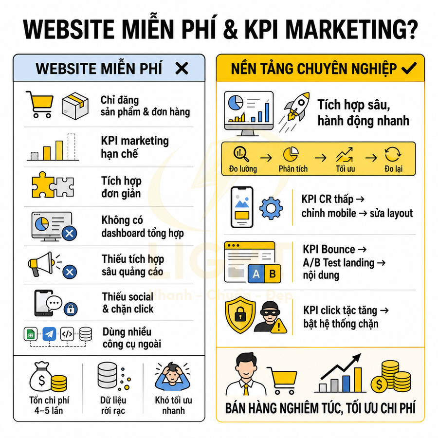 So sánh website miễn phí và nền tảng chuyên nghiệp trong tối ưu KPI marketing và chi phí bán hàng