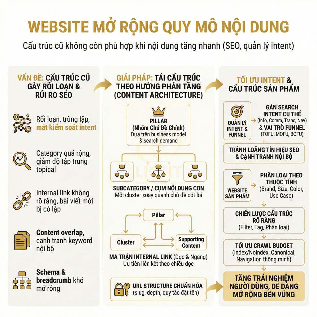 Sơ đồ hướng dẫn tái cấu trúc website mở rộng nội dung theo mô hình pillar, cluster và tối ưu intent SEO
