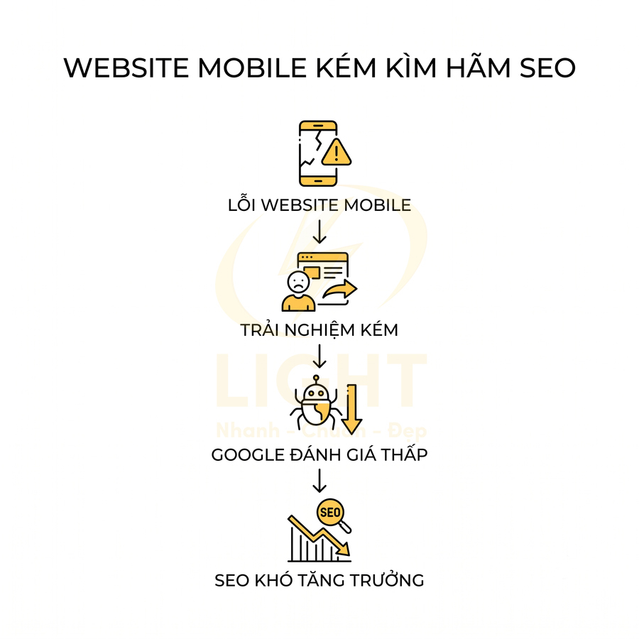 Quy trình lỗi website mobile dẫn đến trải nghiệm kém, Google đánh giá thấp và SEO khó tăng trưởng