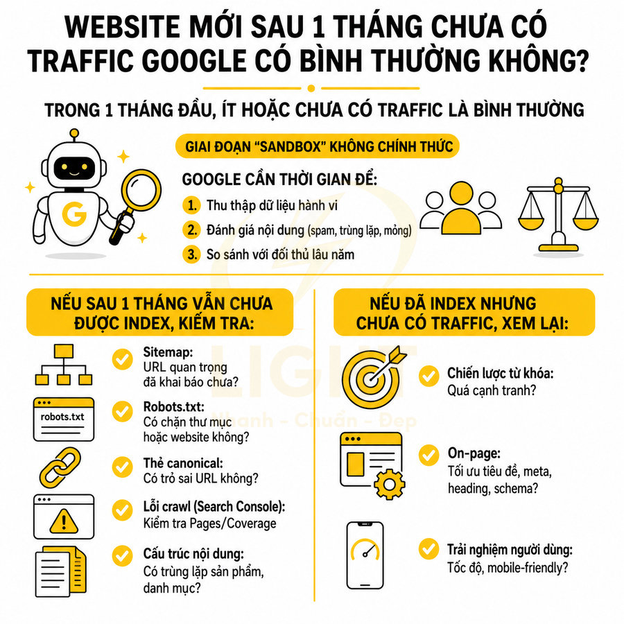 Infographic giải thích lý do website mới sau 1 tháng chưa có traffic Google và các bước kiểm tra SEO, index, từ khóa