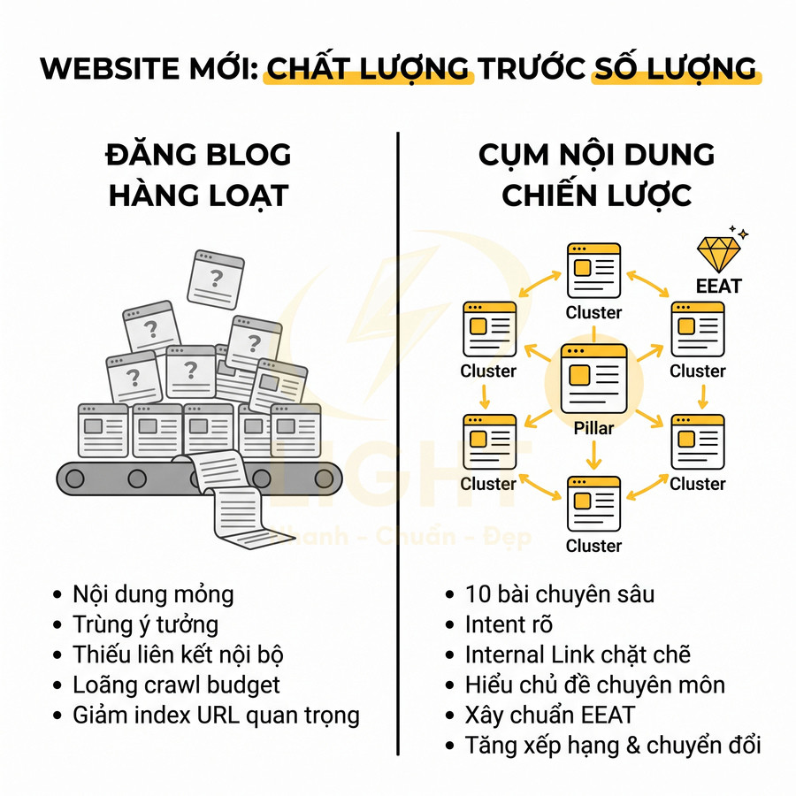 Minh họa so sánh đăng blog hàng loạt với xây cụm nội dung chiến lược chuẩn SEO cho website mới
