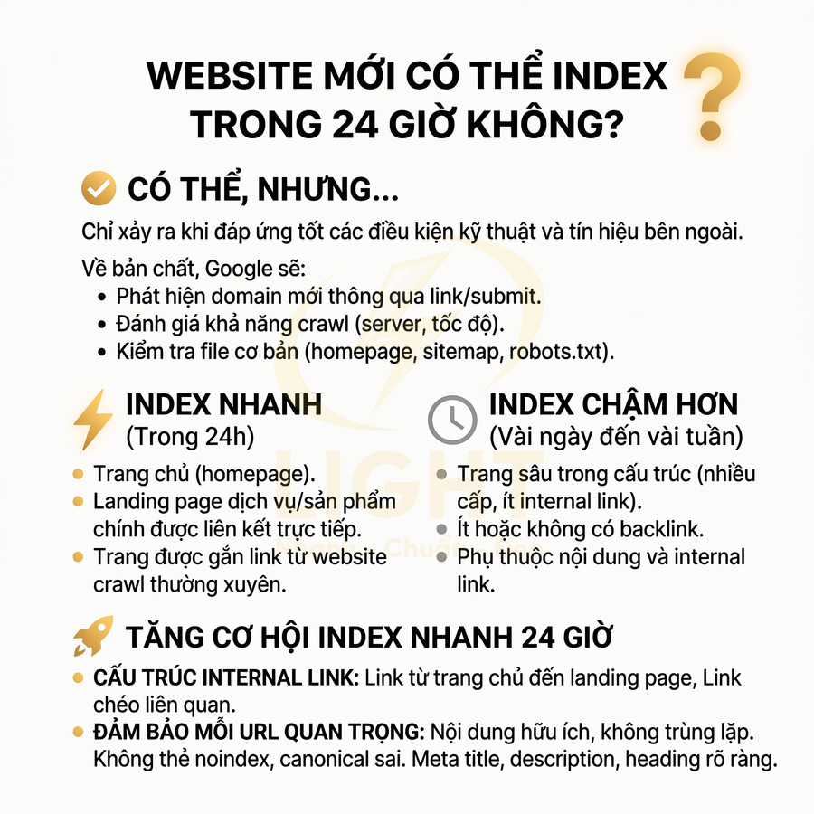 Hướng dẫn SEO giải thích website mới có thể được Google index trong 24 giờ và cách tối ưu để index nhanh