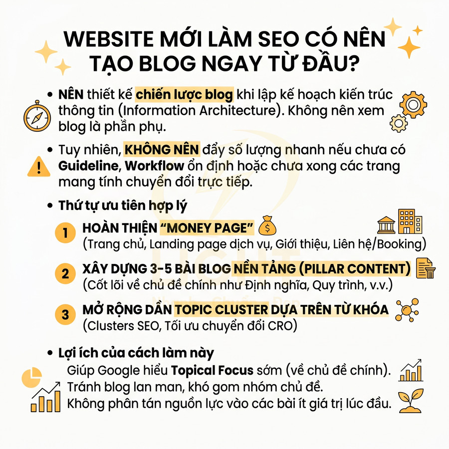 Infographic hướng dẫn chiến lược tạo blog chuẩn SEO cho website mới, ưu tiên money page, pillar content và topic cluster