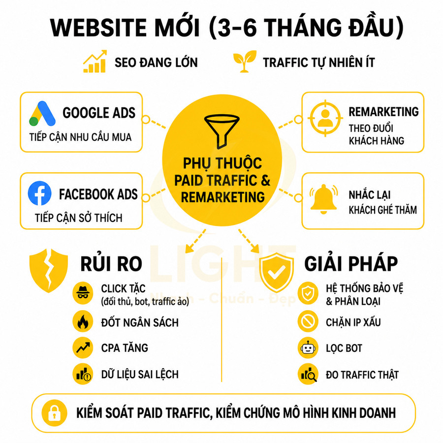 Mô hình website mới phụ thuộc paid traffic, rủi ro click tặc và giải pháp kiểm soát quảng cáo Google Ads, Facebook Ads