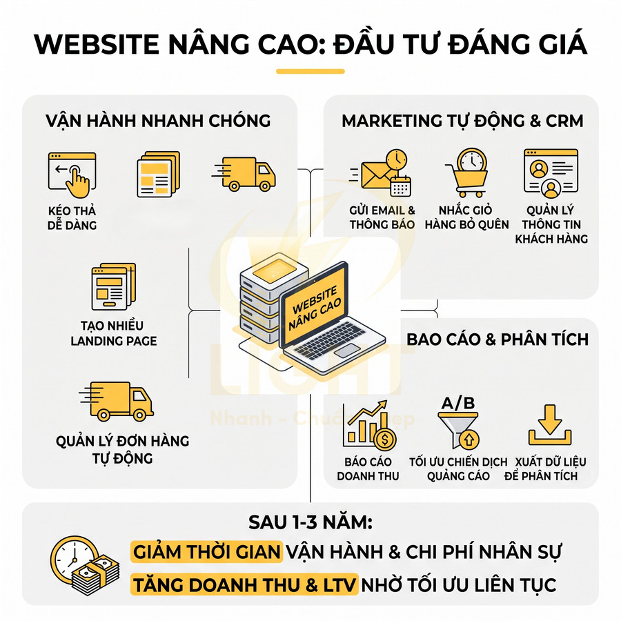 Infographic lợi ích website nâng cao: vận hành nhanh, marketing tự động, báo cáo phân tích, tăng doanh thu và tối ưu chi phí