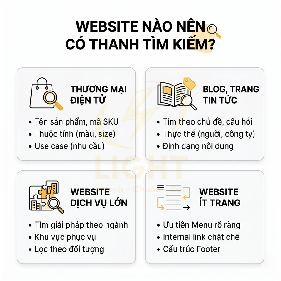 Infographic các loại website nên có thanh tìm kiếm: thương mại điện tử, blog tin tức, website dịch vụ lớn, website ít trang