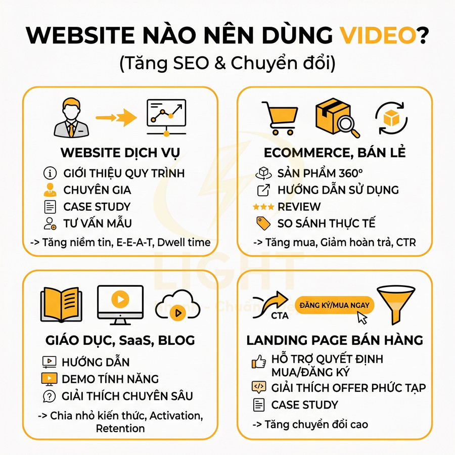 Infographic các loại website nên dùng video: dịch vụ, ecommerce bán lẻ, giáo dục SaaS blog và landing page bán hàng