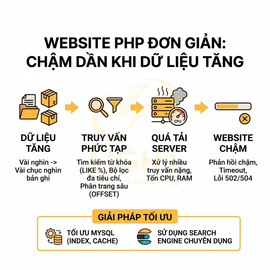 Infographic quy trình website PHP chậm khi dữ liệu tăng và giải pháp tối ưu MySQL, dùng search engine chuyên dụng