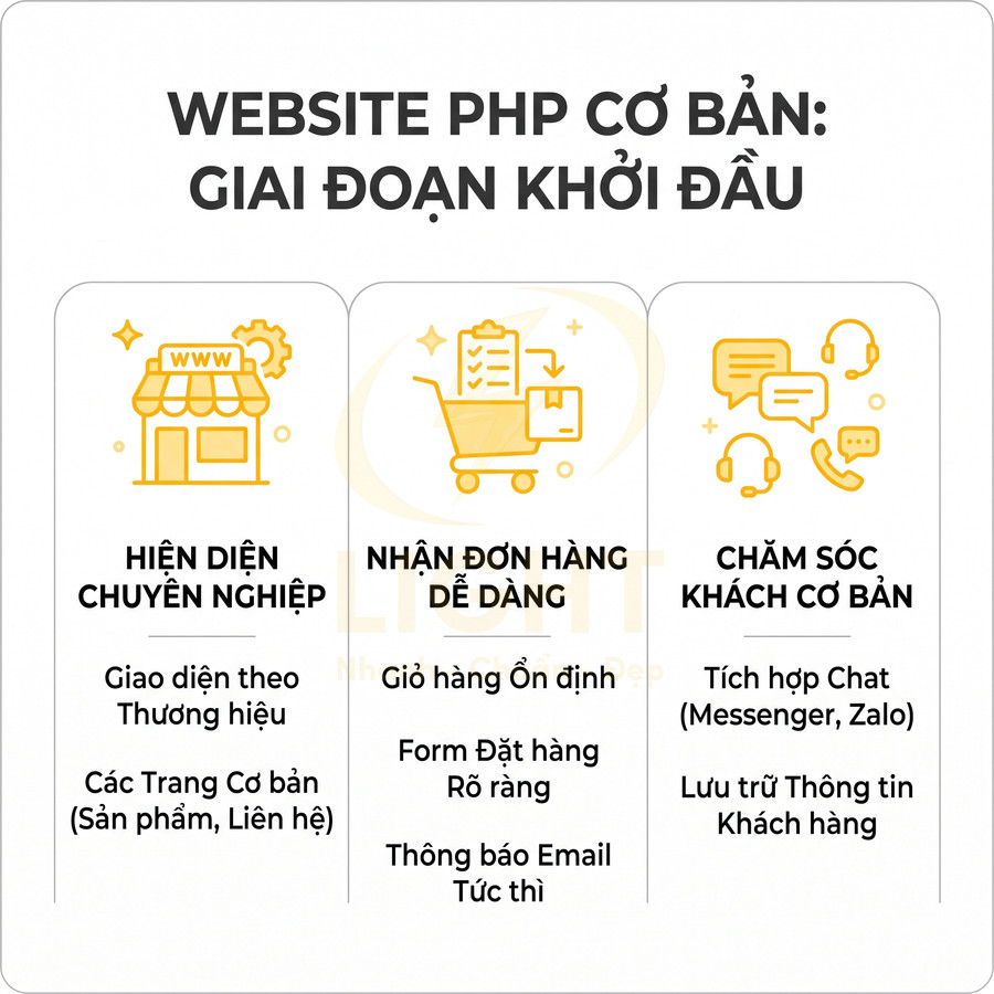 Mô tả gói website PHP cơ bản với các tính năng hiện diện chuyên nghiệp, nhận đơn hàng dễ dàng và chăm sóc khách hàng cơ bản