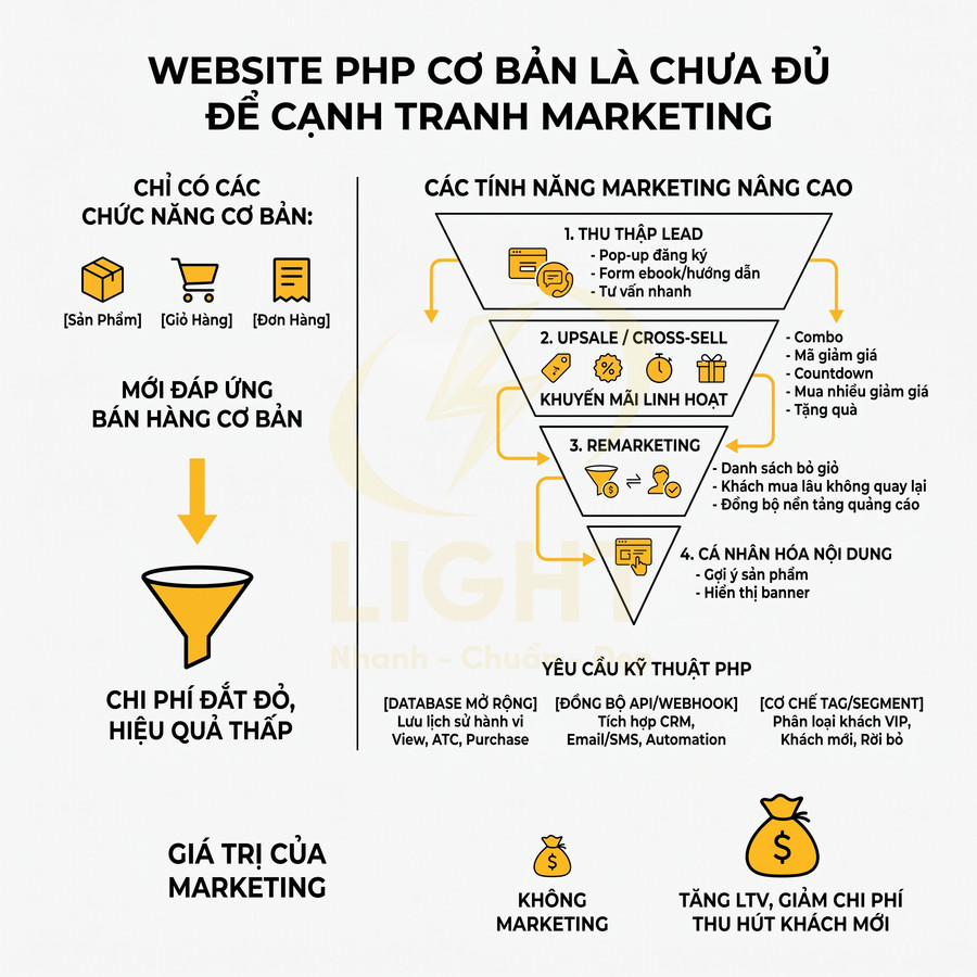 Infographic so sánh website PHP cơ bản và website có tính năng marketing nâng cao để tăng hiệu quả bán hàng