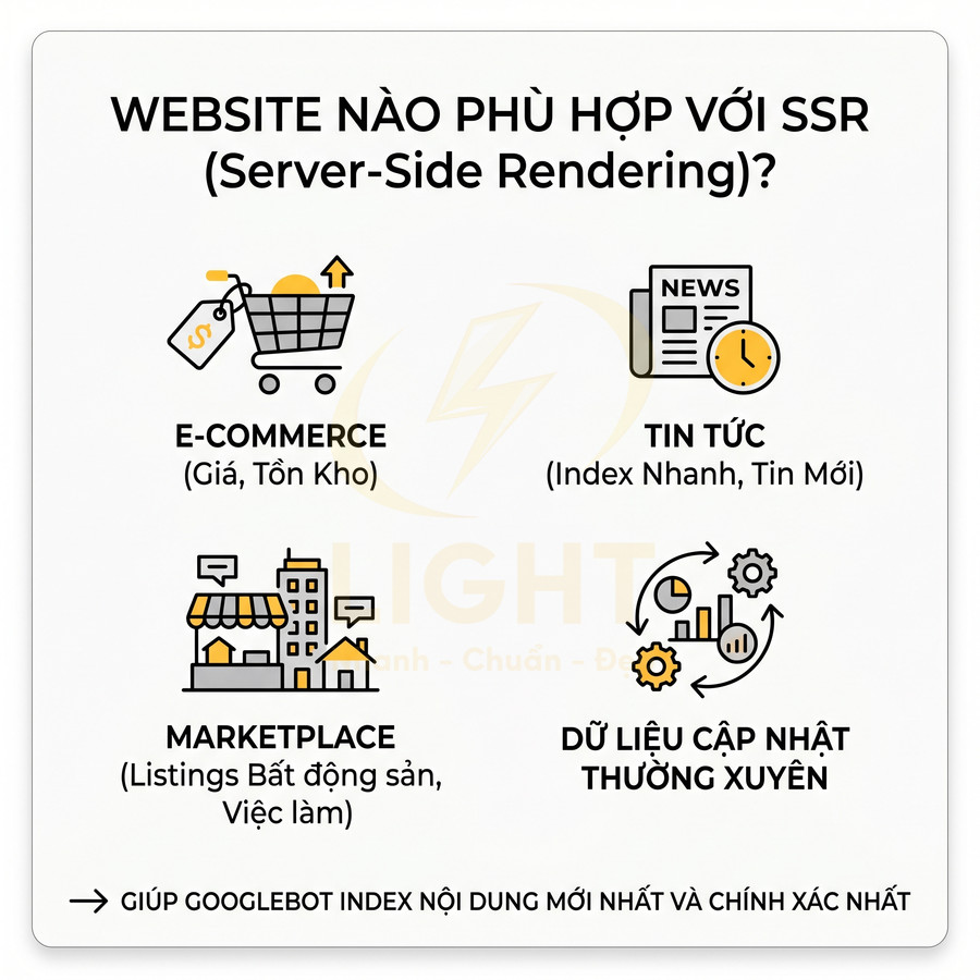 Các loại website phù hợp SSR gồm e-commerce, tin tức, marketplace và trang có dữ liệu cập nhật thường xuyên