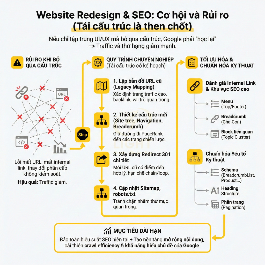 Infographic quy trình redesign website chuẩn SEO, tối ưu cấu trúc URL, internal link và kỹ thuật để giữ và tăng traffic