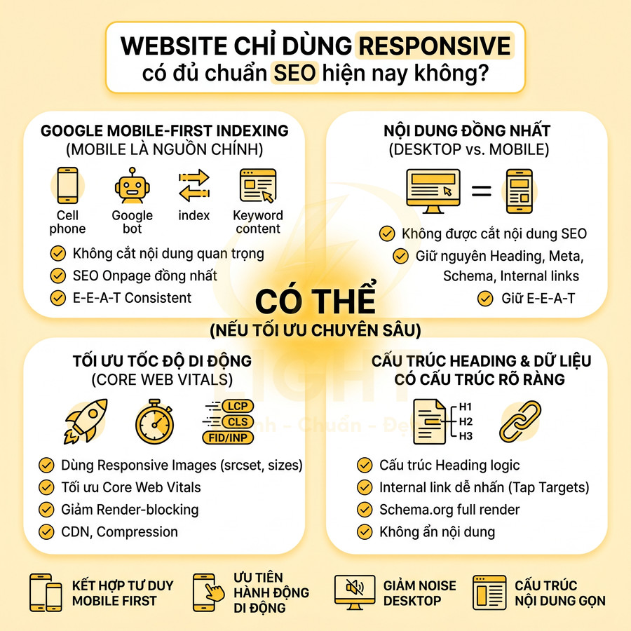 Infographic hướng dẫn tối ưu website responsive đạt chuẩn SEO với mobile first indexing và core web vitals