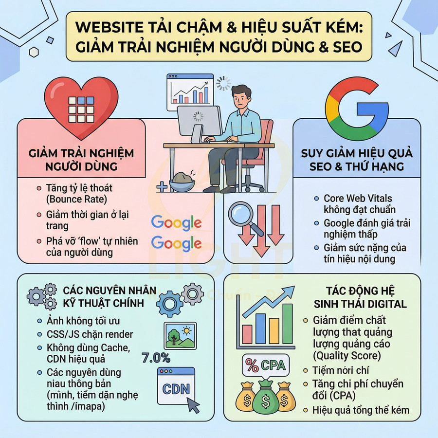 Infographic về tác hại website tải chậm đối với trải nghiệm người dùng, SEO, nguyên nhân kỹ thuật và chi phí digital marketing