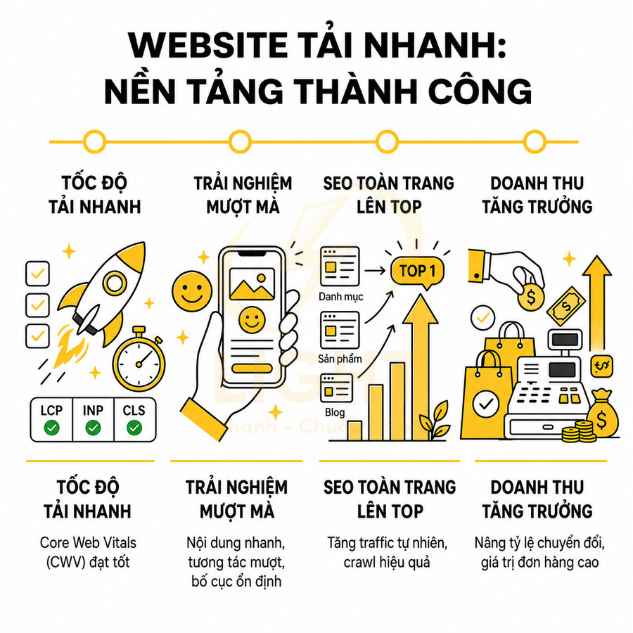Infographic lợi ích website tải nhanh: tốc độ, trải nghiệm mượt, SEO toàn trang và tăng trưởng doanh thu