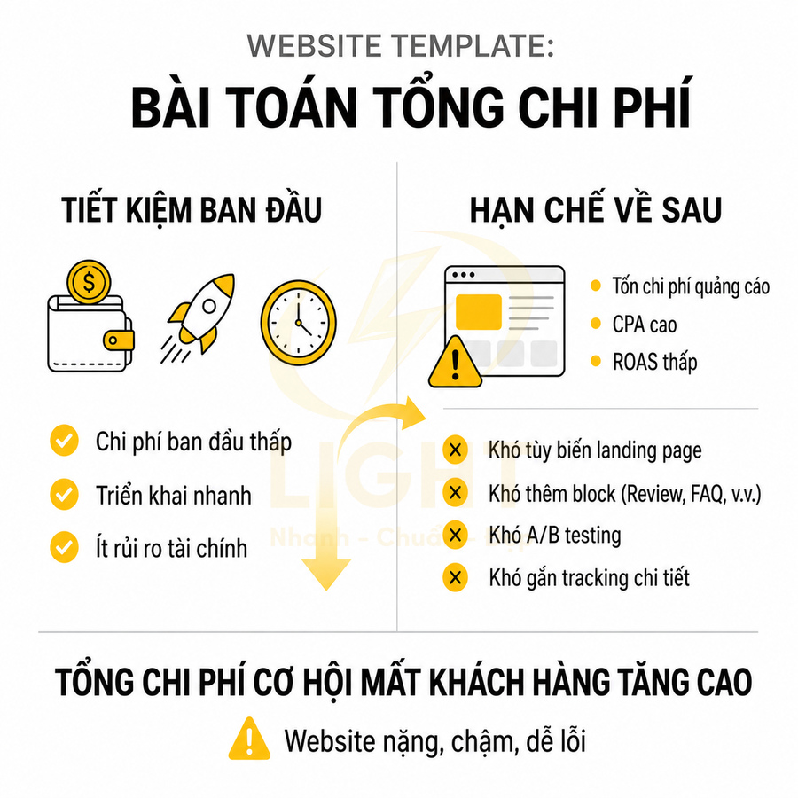 Mẫu website template phân tích bài toán tổng chi phí, so sánh tiết kiệm ban đầu và hạn chế về sau khi dùng website sẵn có