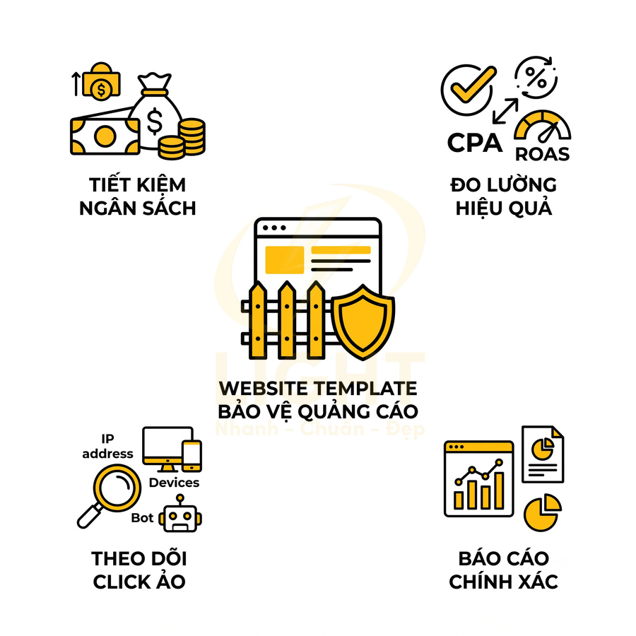Minh họa lợi ích website template bảo vệ quảng cáo gồm tiết kiệm ngân sách, đo lường hiệu quả, theo dõi click ảo, báo cáo chính xác