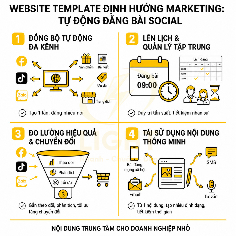 Mẫu website marketing tự động đăng bài social, đồng bộ đa kênh, lên lịch, đo lường chuyển đổi và tái sử dụng nội dung