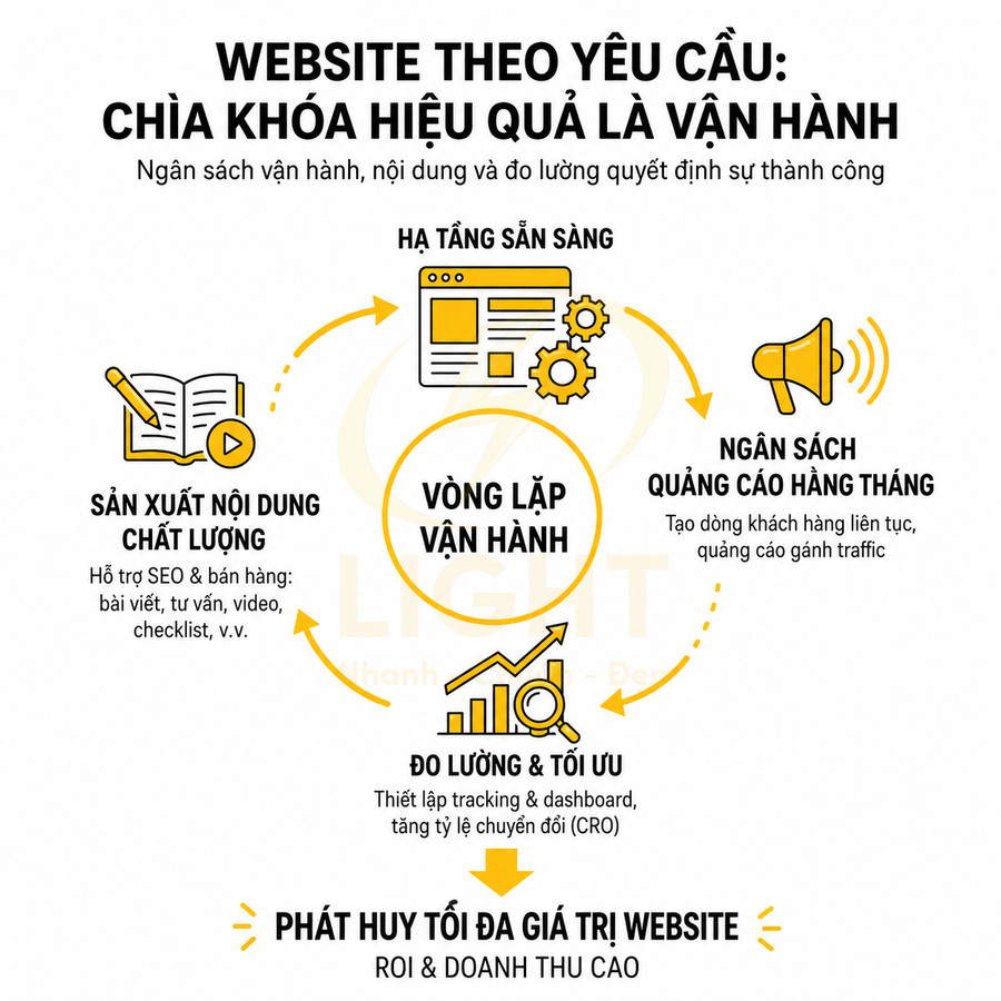 Mô hình vòng lặp vận hành website theo yêu cầu với hạ tầng, nội dung, quảng cáo, đo lường và tối ưu ROI