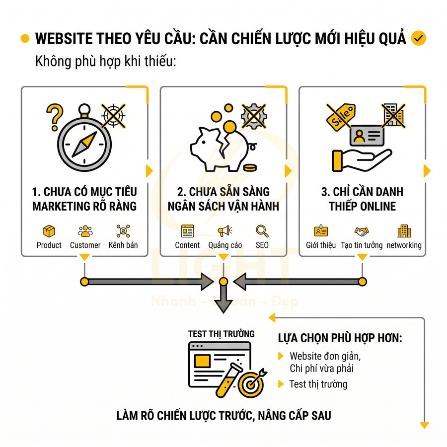 Infographic về lý do website theo yêu cầu không phù hợp và gợi ý chọn website đơn giản để test thị trường