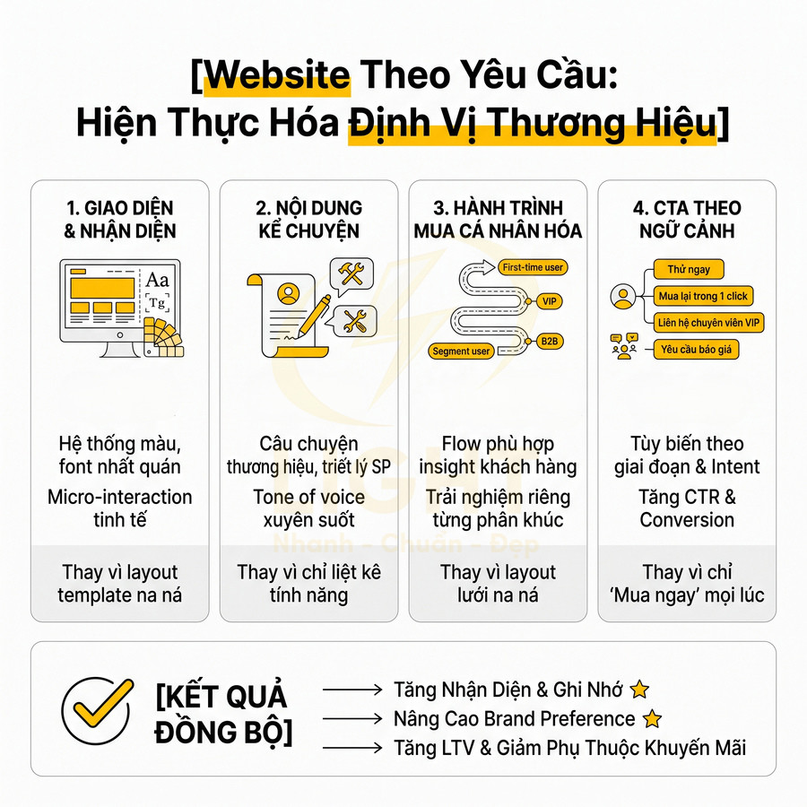 Infographic quy trình thiết kế website theo yêu cầu để hiện thực hóa định vị thương hiệu và tăng chuyển đổi