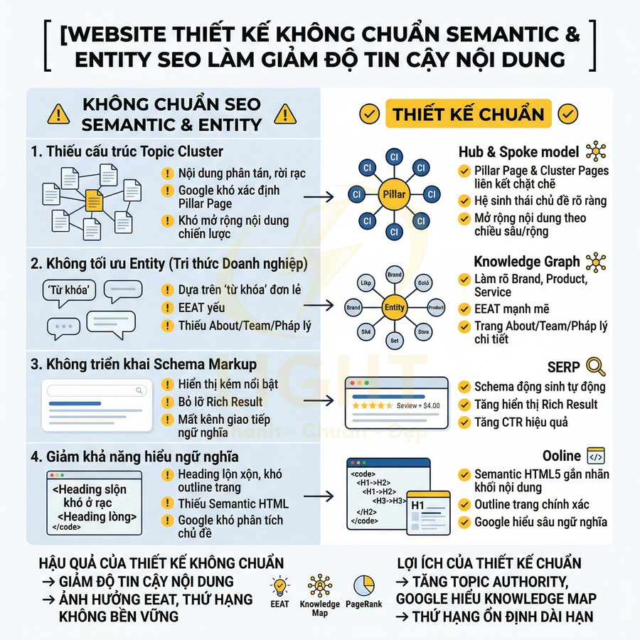 Infographic so sánh website không chuẩn SEO semantic entity với thiết kế chuẩn giúp tăng độ tin cậy nội dung